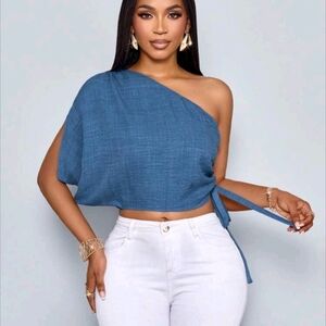 Shein Aesthetic Blue One-Shoulder Women's Top Baddie